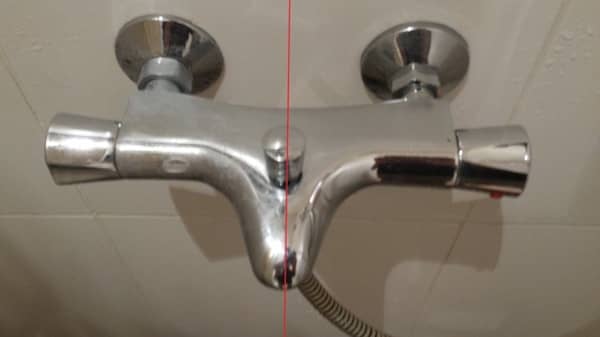 un robinet sale avant et un robinet propre après lavage