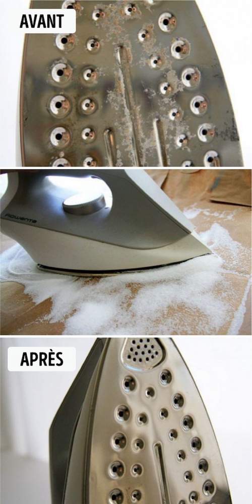 Coarse salt is used to clean the sole of an iron