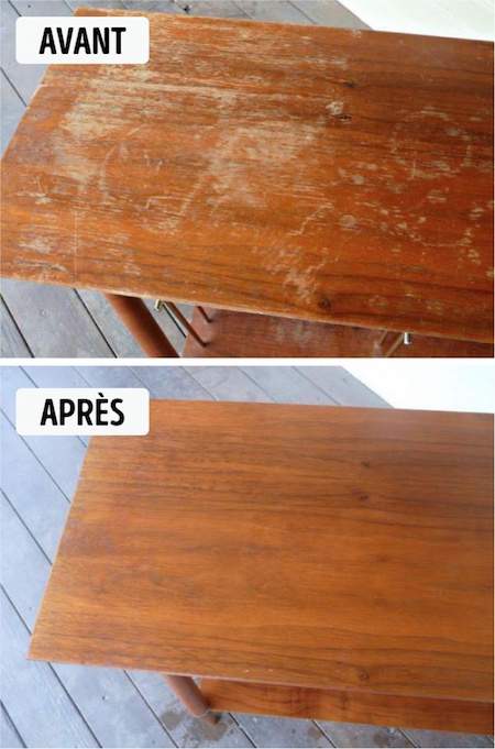 a striped wooden table before cleaning and after