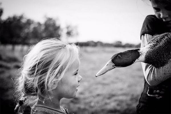 photo en noir et blanc de nikki boon d'une petite fille avec un canard