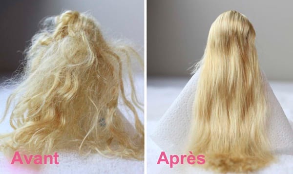 les cheveux d'une poupée décoiffés puis bien coiffés