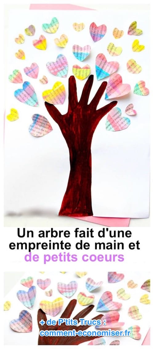 un arbre peint avec une empreinte de mains et des coeurs