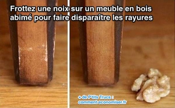 Frottez une noix sur un meuble en bois abimé pour faire disparaître les rayures