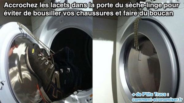 pour que les chaussures ne fassent pas de bruit dans le sèche-linge on coince les lacets dans le hublot