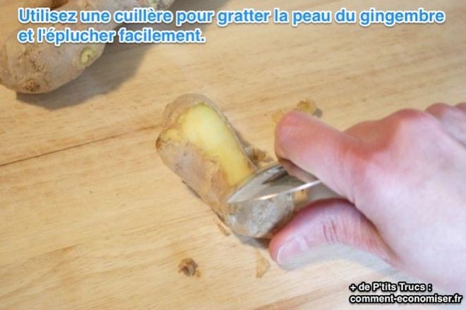 astuce éplucher le gingembre facilement avec une cuillère