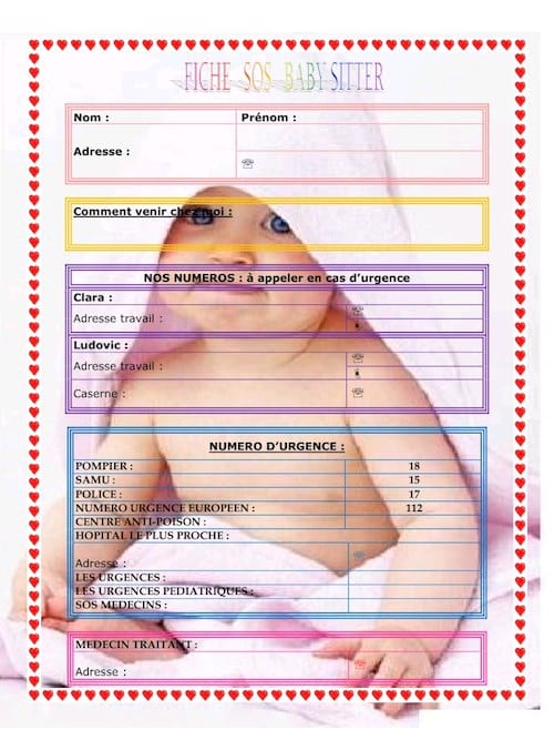 une fiche d'information à encadrer pour la baby sitter