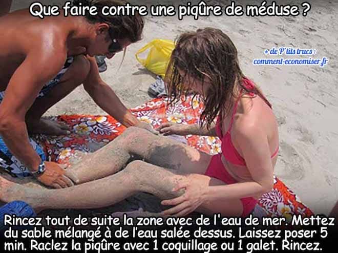 utiliser de l'eau de mer et du sable pour soigner une piqûre de méduse