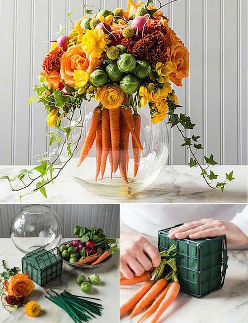 un bouquet de fleurs et de carottes pour centre de table à Pâques
