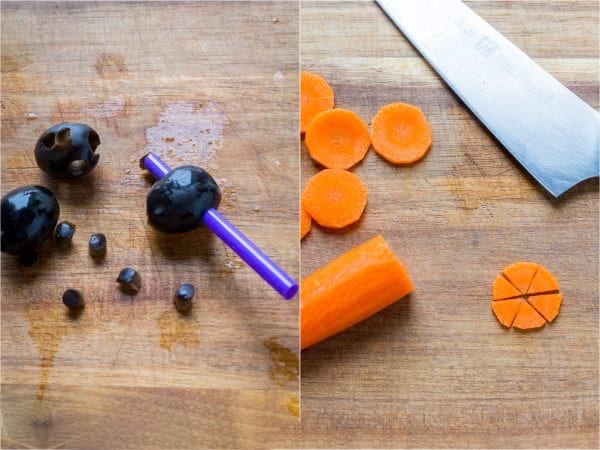descriptif pour faire les yeux et le bec des poussins en oeufs durs avec des bouts d'olives et des carottes coupées