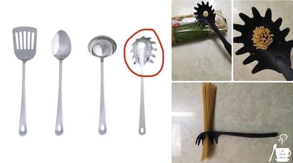 Le trou dans les cuillères à pâtes sert à mesurer la quantité exacte de spaghetti.