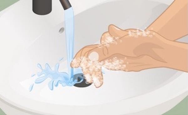 Illustration of hand washing under running tap water.