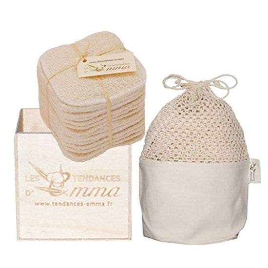 les disques à démaquiller lavables des Tendances d'Emma présentés dans une boite en bois