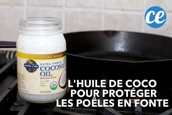 De l'huile de coco devant une poêle en fonte.