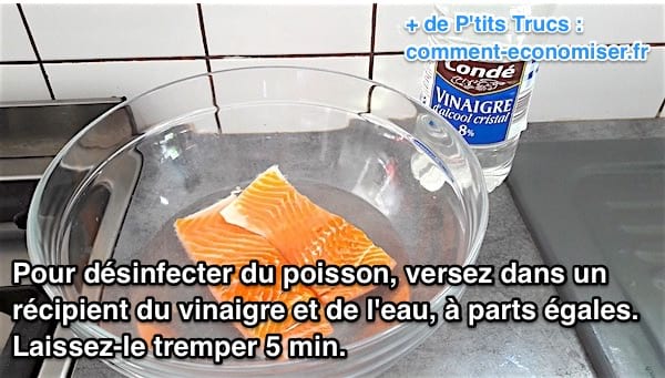 du poisson trempe dans un mélange d'eau et de vinaigre pour le désinfecter