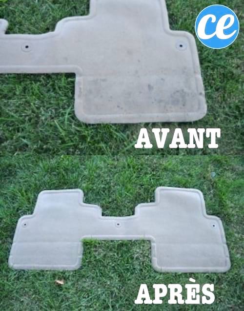 Des tapis de sol de voiture avant et après un nettoyage avec le détachant pour intérieur de voiture fait-maison.