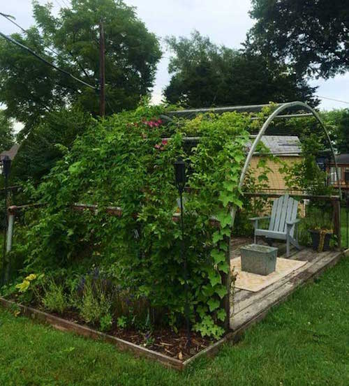 une structure de trampoline pour faire de l'ombre dans un jardin