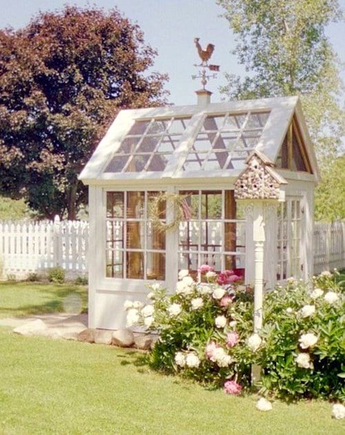 Upcycling idea: old windows recycled into an old-fashioned garden shed.