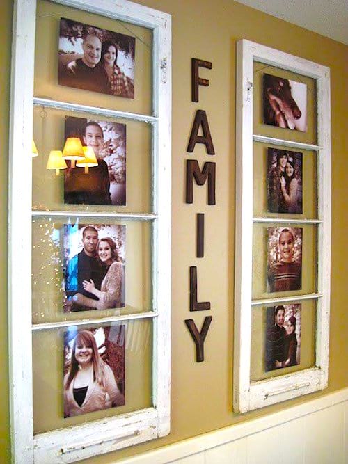 Upcycling idea: two old windows recycled into beautiful frames for family photos.