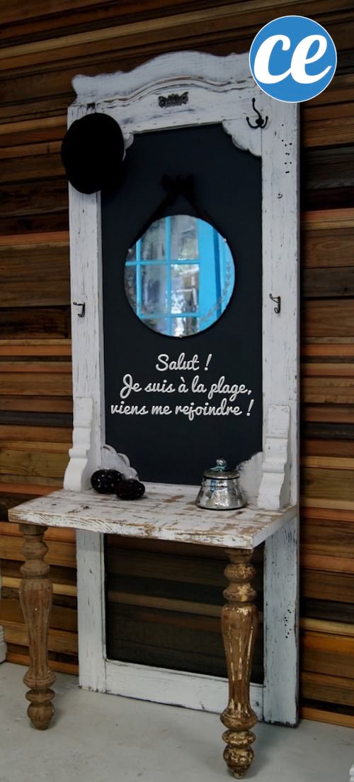 Upcycling idea: an old door recycled into a pocket with a slate.