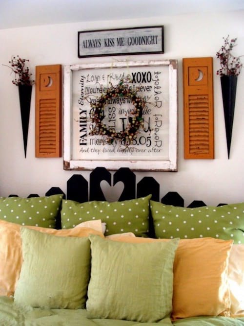 Upcycling idea: an old window recycled as a colored headboard.