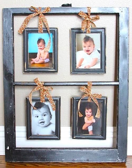 Upcycling idea: an old window recycled into a baby photo frame.