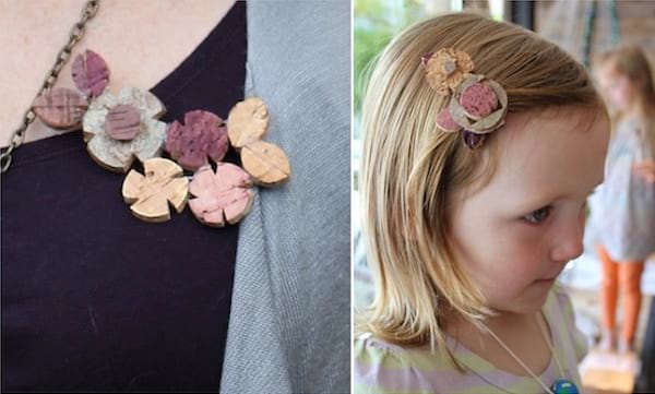 Bouchons en liège transformés en collier et pince à cheveux