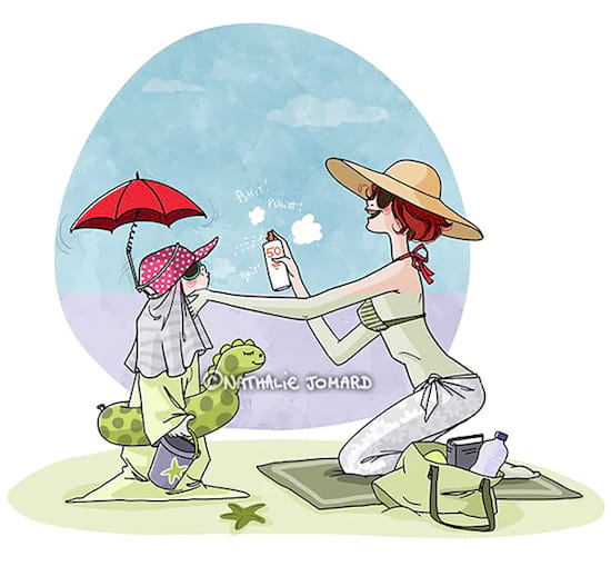 dessin qui montre une maman protégeant son enfant du soleil à la place