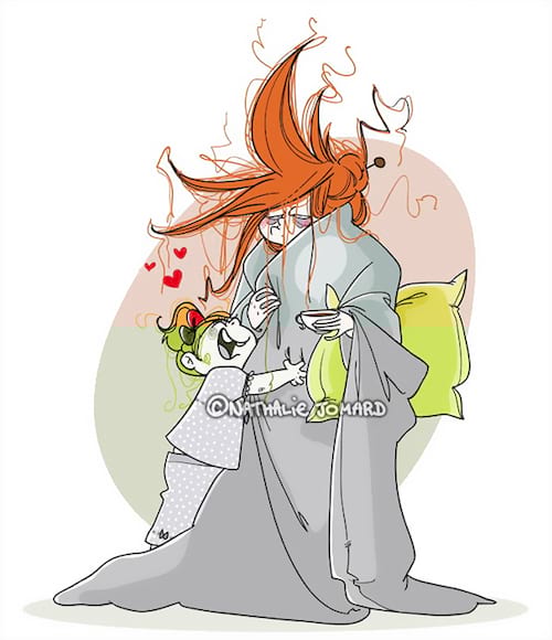 dessin qui illustre les réveils trop matinaux des mamans le week end à cause des enfants