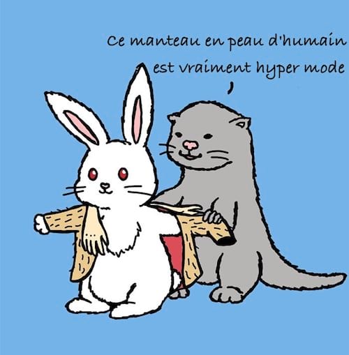 lapin qui essaye un manteau en peau d'humain