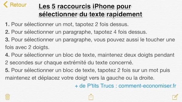 Raccourcis pour sélectionner du texte sur iphone rapidement