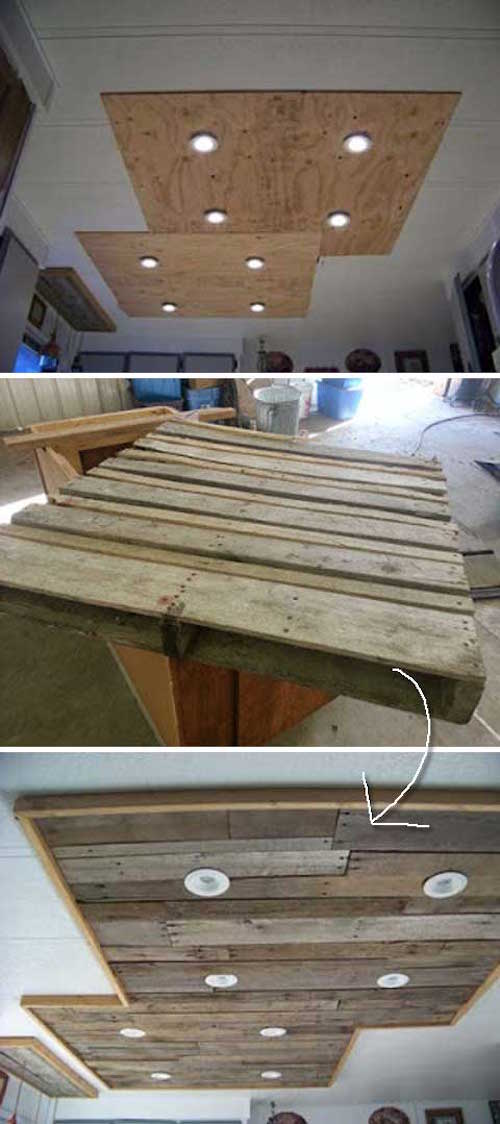 Un éclairage plafonnier fait avec des palettes