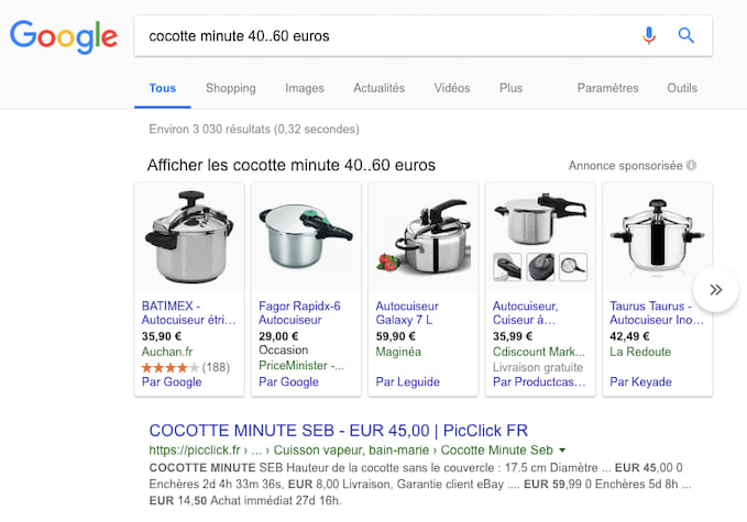 Utilisez deux points de suspension pour obtenir une fourchette de prix de vos résultat Google.