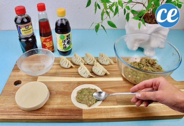 Mettez la farce dans les feuilles de raviolis pour faire les traditionnels gyozas japonais.
