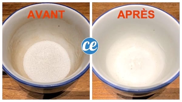 tasse avec des traces de thé puis après tasse propre grâce à l'acide citrique