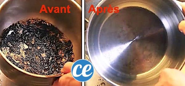 Une casserole brûlée avant utilisation de l'acide citrique et après