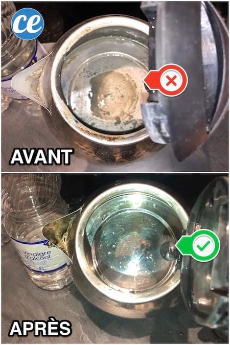 une bouilloire pleine de calcaire avant utilisation du vinaigre blanc et après
