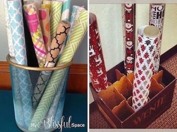 Utilisez corbeille ou caisse de vin pour ranger papier cadeaux