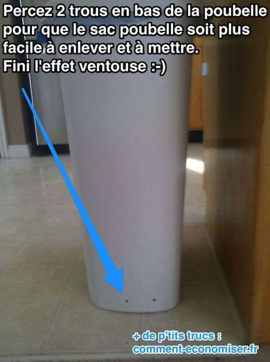 Pour éviter que le sac poubelle reste coincé dans la poubelle, faites 2 trous dedans