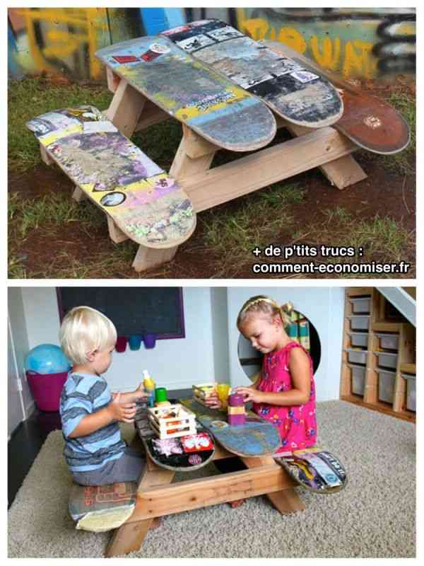 Skateboards recyclés en table de jeux pour enfants