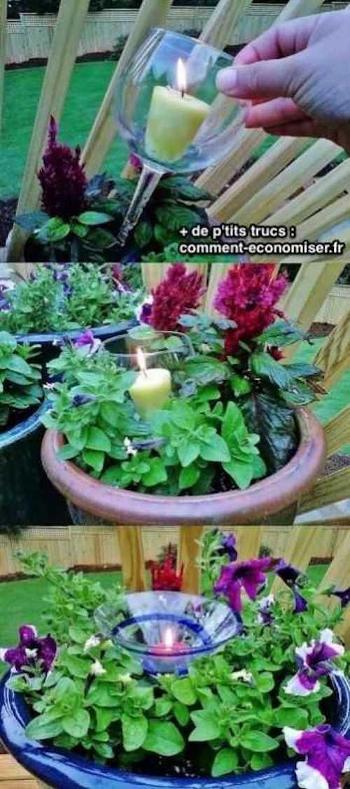 Un verre recyclé en porte-bougie pour pot de fleurs