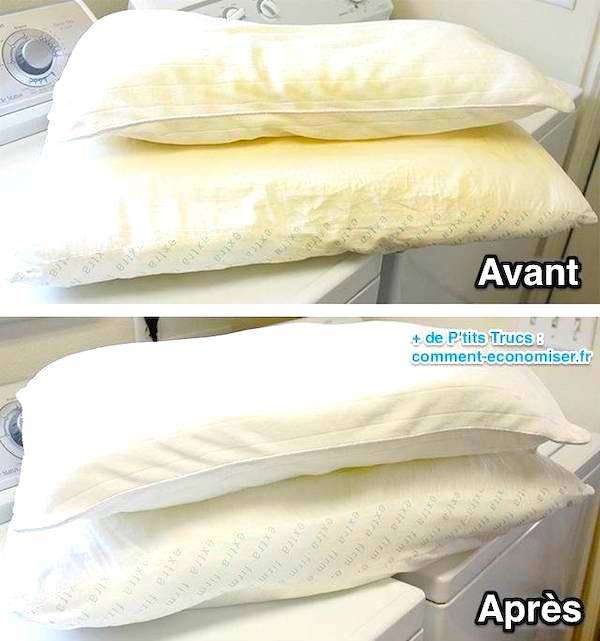 Voici le tuto facile pour laver et blanchir les oreillers qui ont jauni.