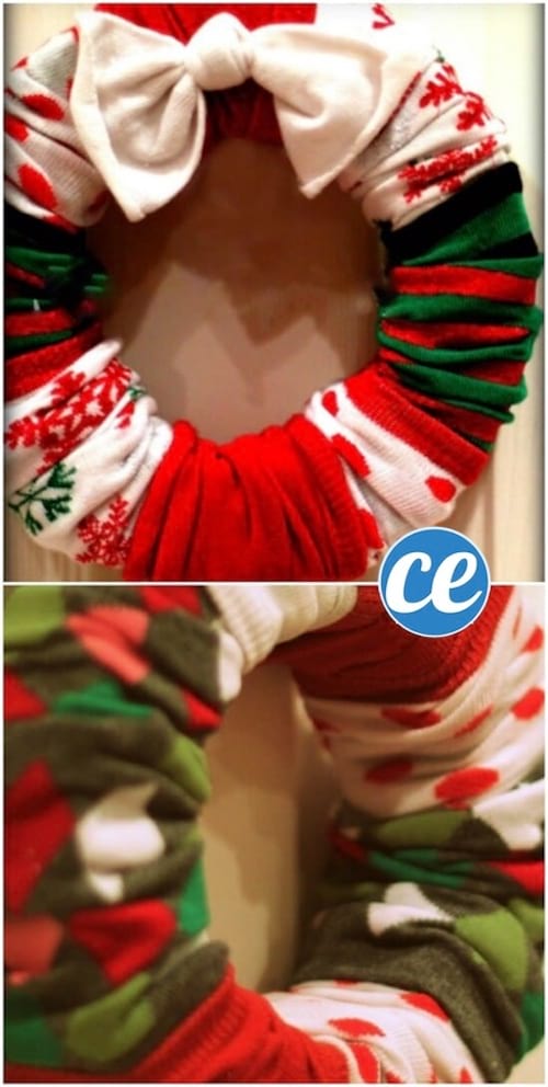 une couronne de Noël faite avec des chaussettes recyclées