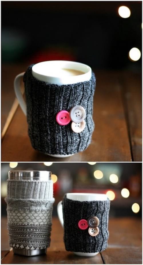 Un chauffe tasse fait avec des chaussettes recyclées