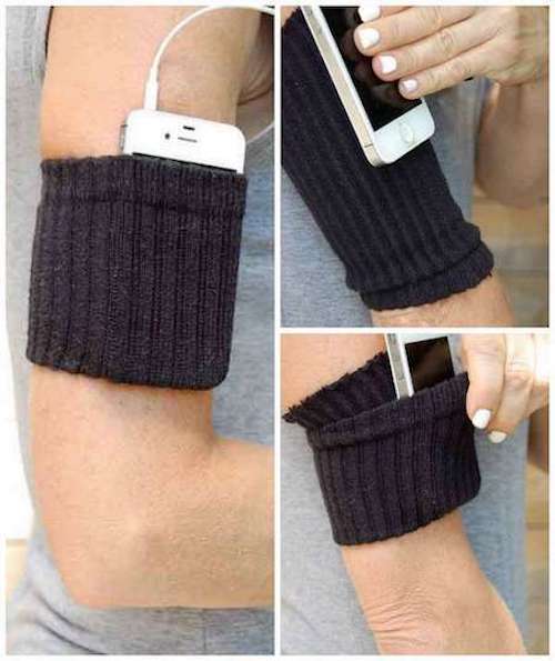 Recyclage d'une chaussette en brassard pour iphone.