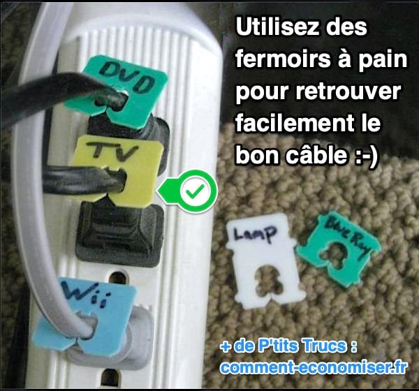 Accrochez un fermoir à pain sur les prises électrique pour retrouver facilement le bon câble.