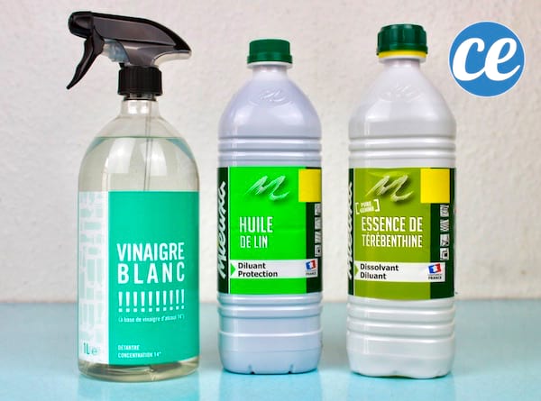 La recette de la cire à bois faite maison avec du vinaigre blanc, de l'huile de lin et de la térébenthine.