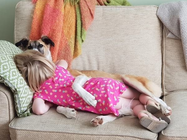Petite fille qui dort sur le canapé avec son chien
