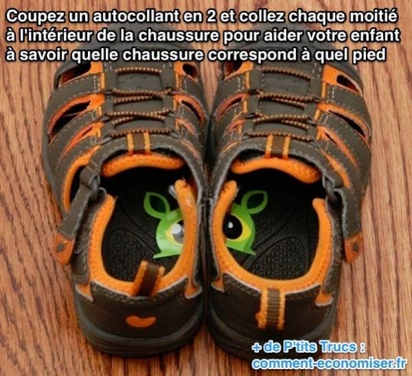 Un autocollant collé dans les chaussures pour apprendre aux enfants à mettre leurs chaussures