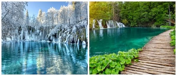 À gauche les lacs gelés en hiver et à droite les lacs en été