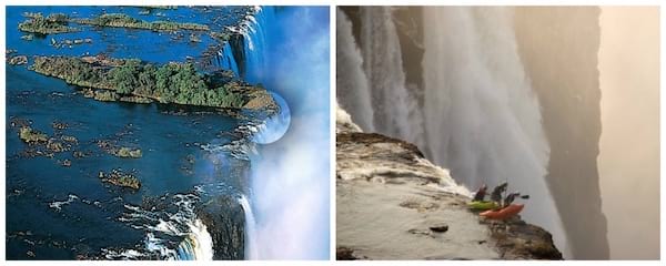 À gauche les chutes avec la piscine du diable de loin et à droite des gens qui sont au bord du gouffre